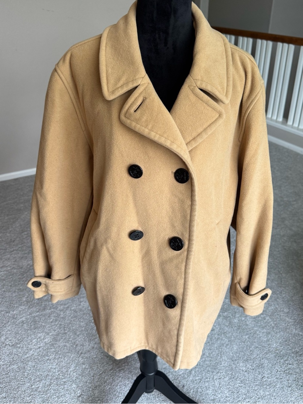 Lands End Camel Pea Coat Wool Size XL 18-20 Vintage Classic